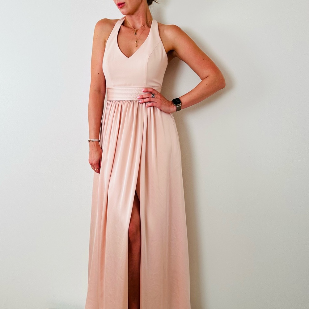 Vera Wang White Elegant Halter Neck Pink Gown Wedding Prom Maxi Dress Satin